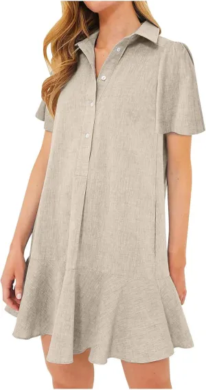 Womens Mini Dress Short Sleeve Button Neck T-Shirts Dress Solid Color Ruffle Hem Flowy Casual Trendy Summer Dress