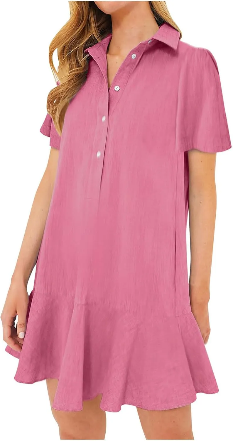 Womens Mini Dress Short Sleeve Button Neck T-Shirts Dress Solid Color Ruffle Hem Flowy Casual Trendy Summer Dress