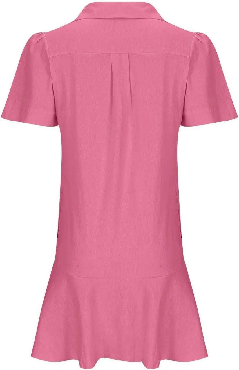 Womens Mini Dress Short Sleeve Button Neck T-Shirts Dress Solid Color Ruffle Hem Flowy Casual Trendy Summer Dress