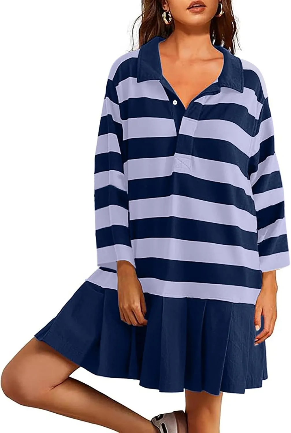 Womens Oversize Fall Sweatshirt Dresses Long Sleeve Lapel mini Dresses Ruched Loose Fitting Pleated Shirt Dresses