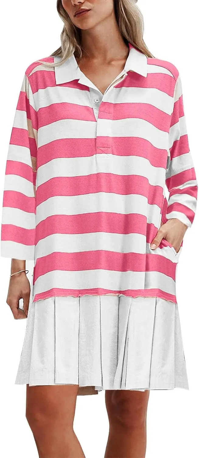 Womens Oversize Fall Sweatshirt Dresses Long Sleeve Lapel mini Dresses Ruched Loose Fitting Pleated Shirt Dresses