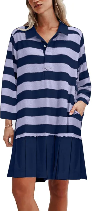 Womens Oversize Fall Sweatshirt Dresses Long Sleeve Lapel mini Dresses Ruched Loose Fitting Pleated Shirt Dresses