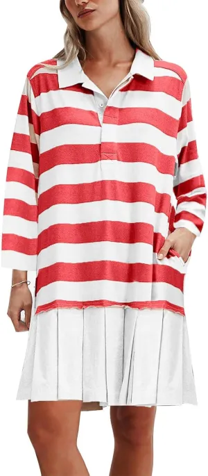 Womens Oversize Fall Sweatshirt Dresses Long Sleeve Lapel mini Dresses Ruched Loose Fitting Pleated Shirt Dresses