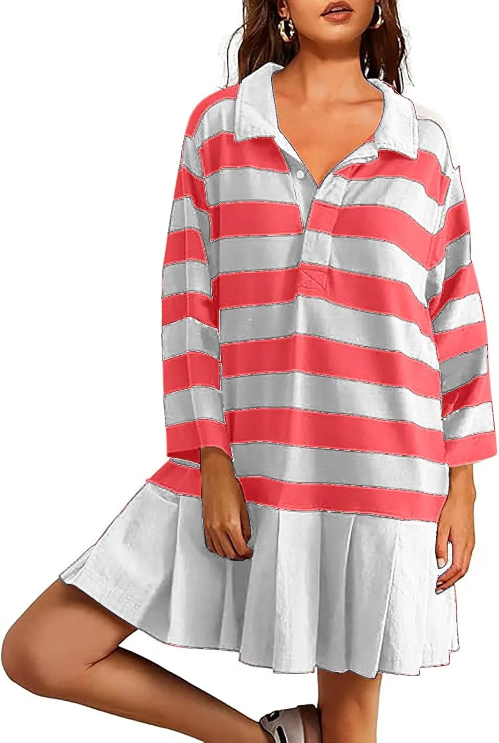 Womens Oversize Fall Sweatshirt Dresses Long Sleeve Lapel mini Dresses Ruched Loose Fitting Pleated Shirt Dresses