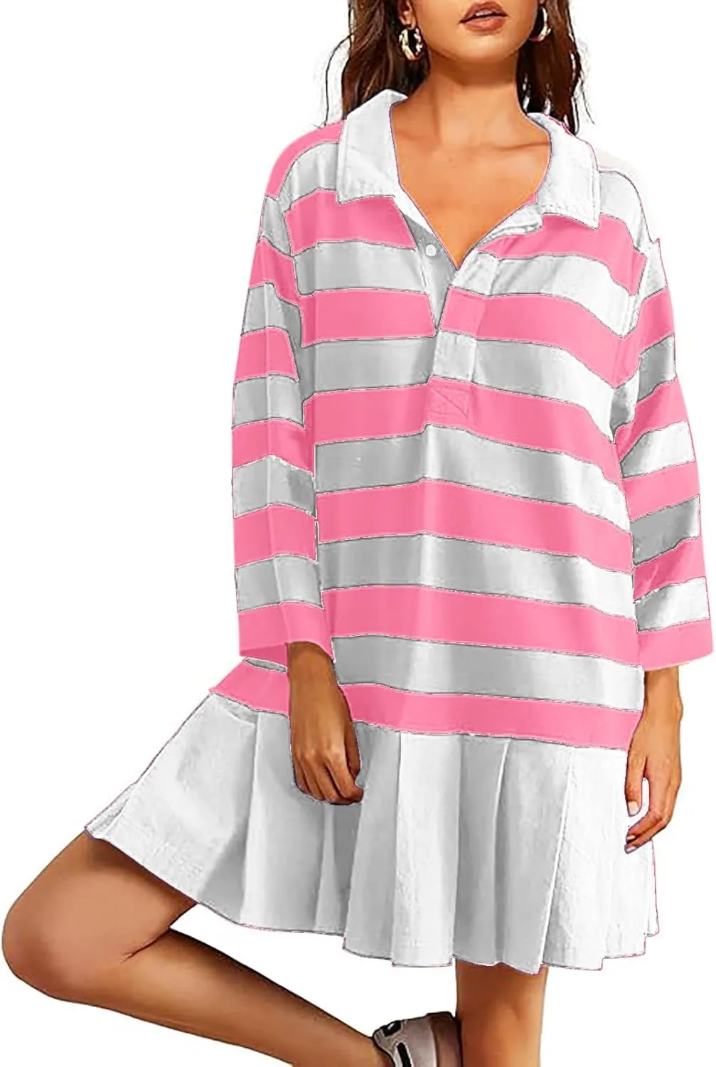 Womens Oversize Fall Sweatshirt Dresses Long Sleeve Lapel mini Dresses Ruched Loose Fitting Pleated Shirt Dresses