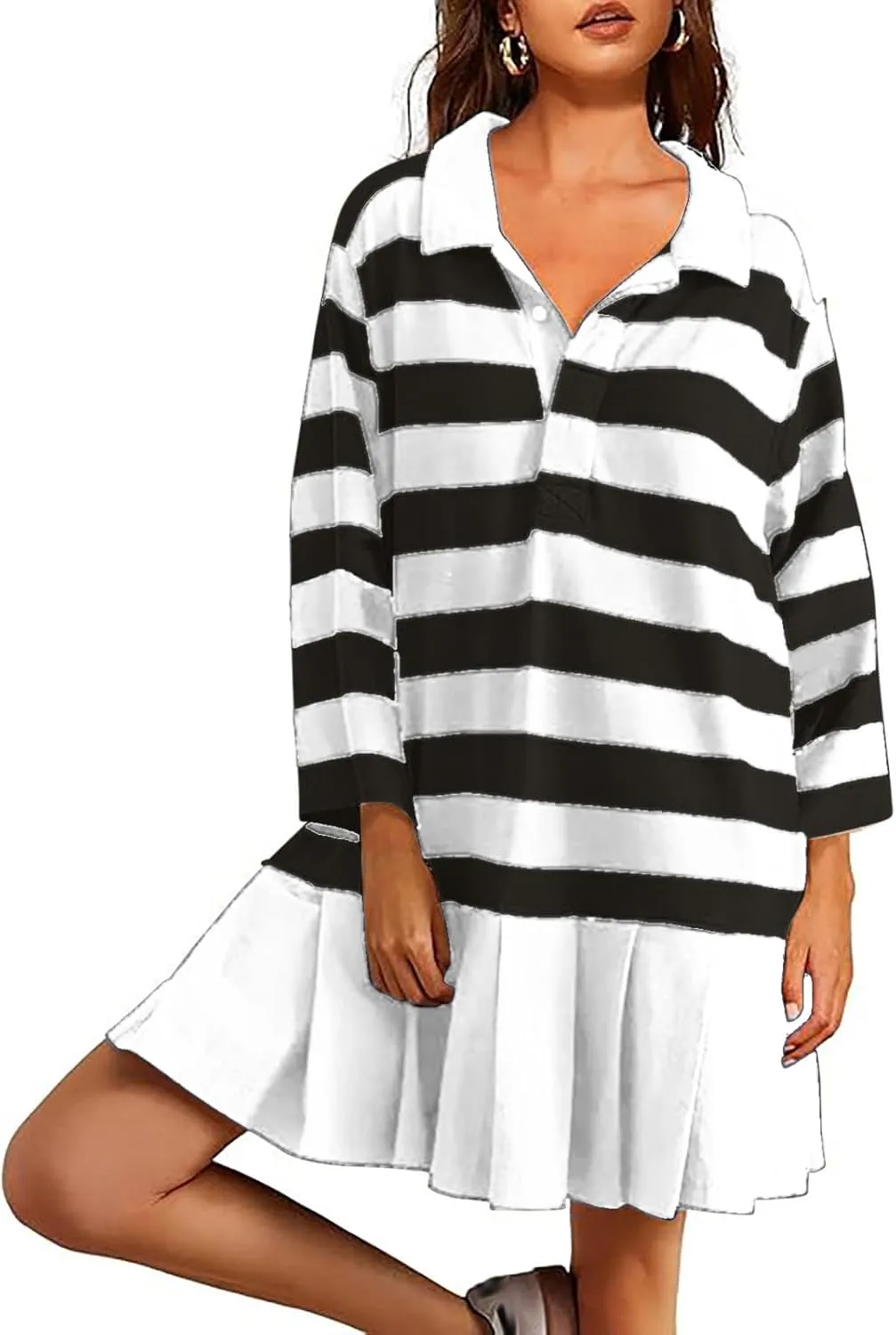 Womens Oversize Fall Sweatshirt Dresses Long Sleeve Lapel mini Dresses Ruched Loose Fitting Pleated Shirt Dresses