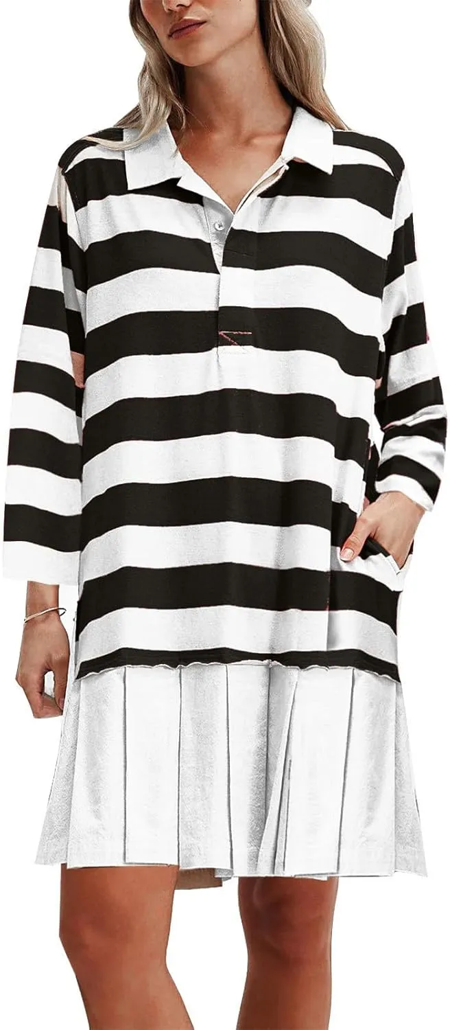 Womens Oversize Fall Sweatshirt Dresses Long Sleeve Lapel mini Dresses Ruched Loose Fitting Pleated Shirt Dresses
