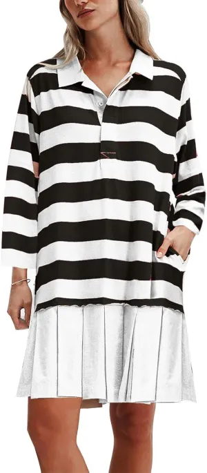 Womens Oversize Fall Sweatshirt Dresses Long Sleeve Lapel mini Dresses Ruched Loose Fitting Pleated Shirt Dresses