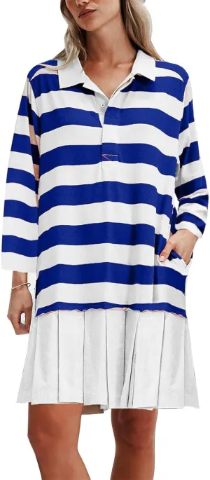 Womens Oversize Fall Sweatshirt Dresses Long Sleeve Lapel mini Dresses Ruched Loose Fitting Pleated Shirt Dresses