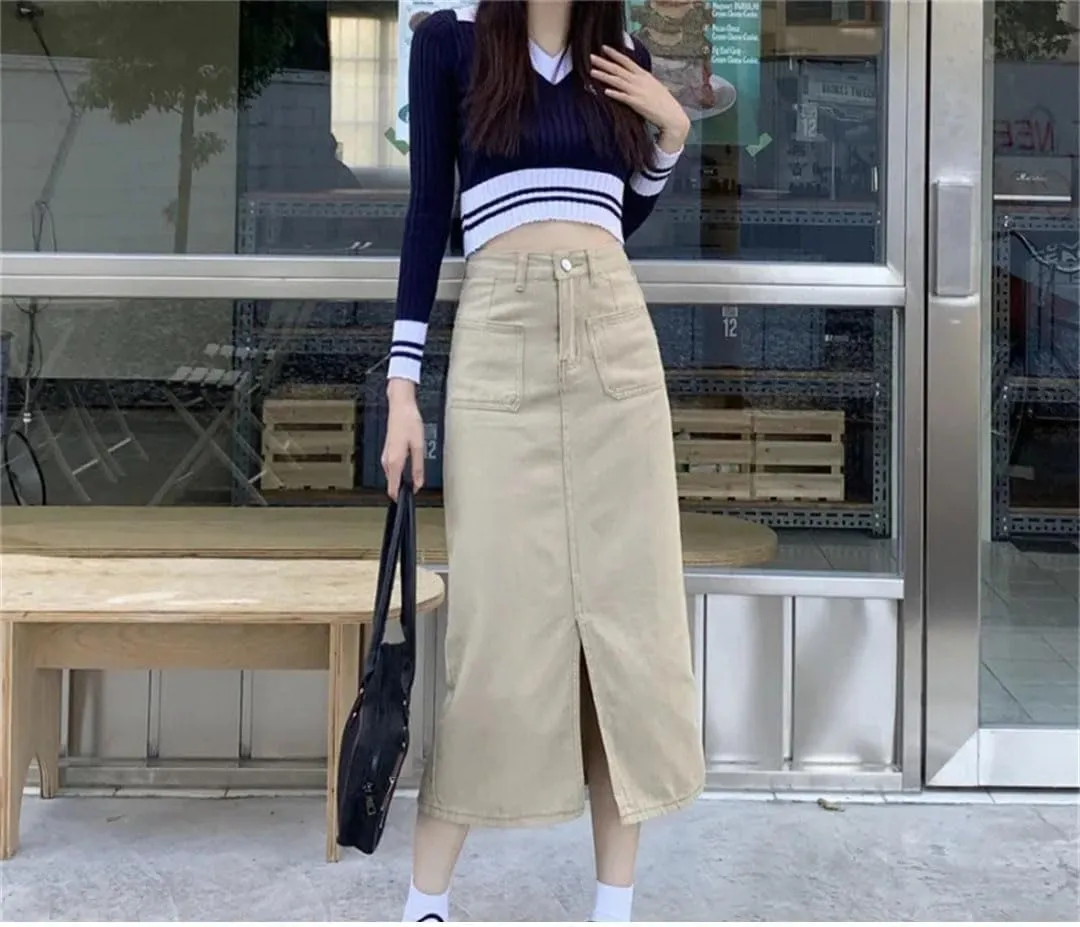 Women's Plus Size Denim Skirt High-Waisted Slimming Medium-Length Side Slit Vintage A- Line Skirt