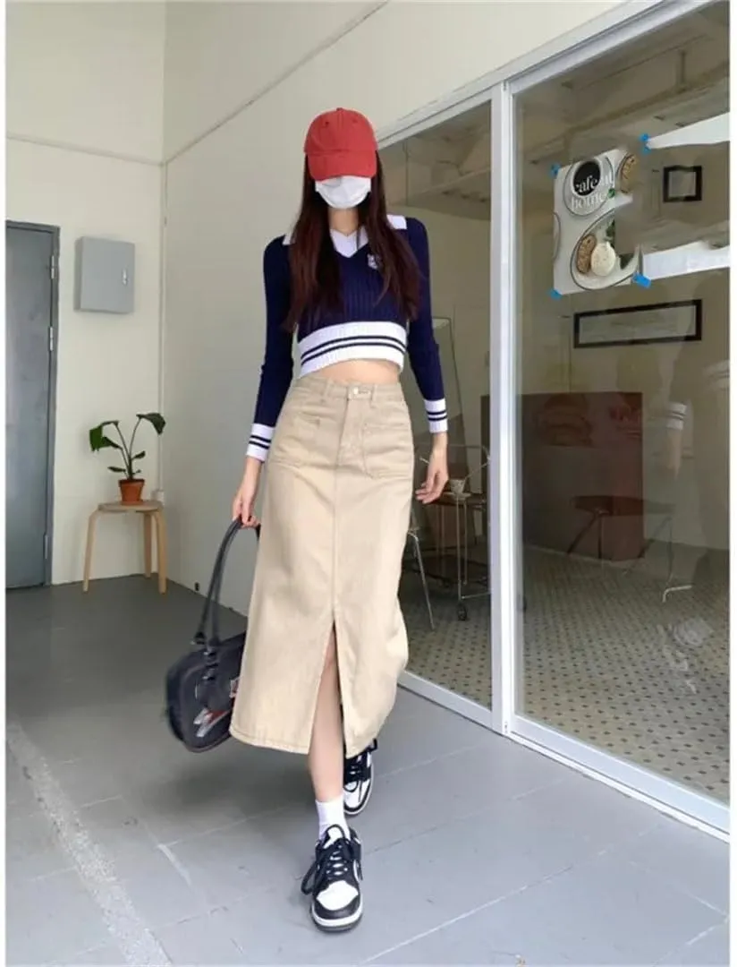 Women's Plus Size Denim Skirt High-Waisted Slimming Medium-Length Side Slit Vintage A- Line Skirt