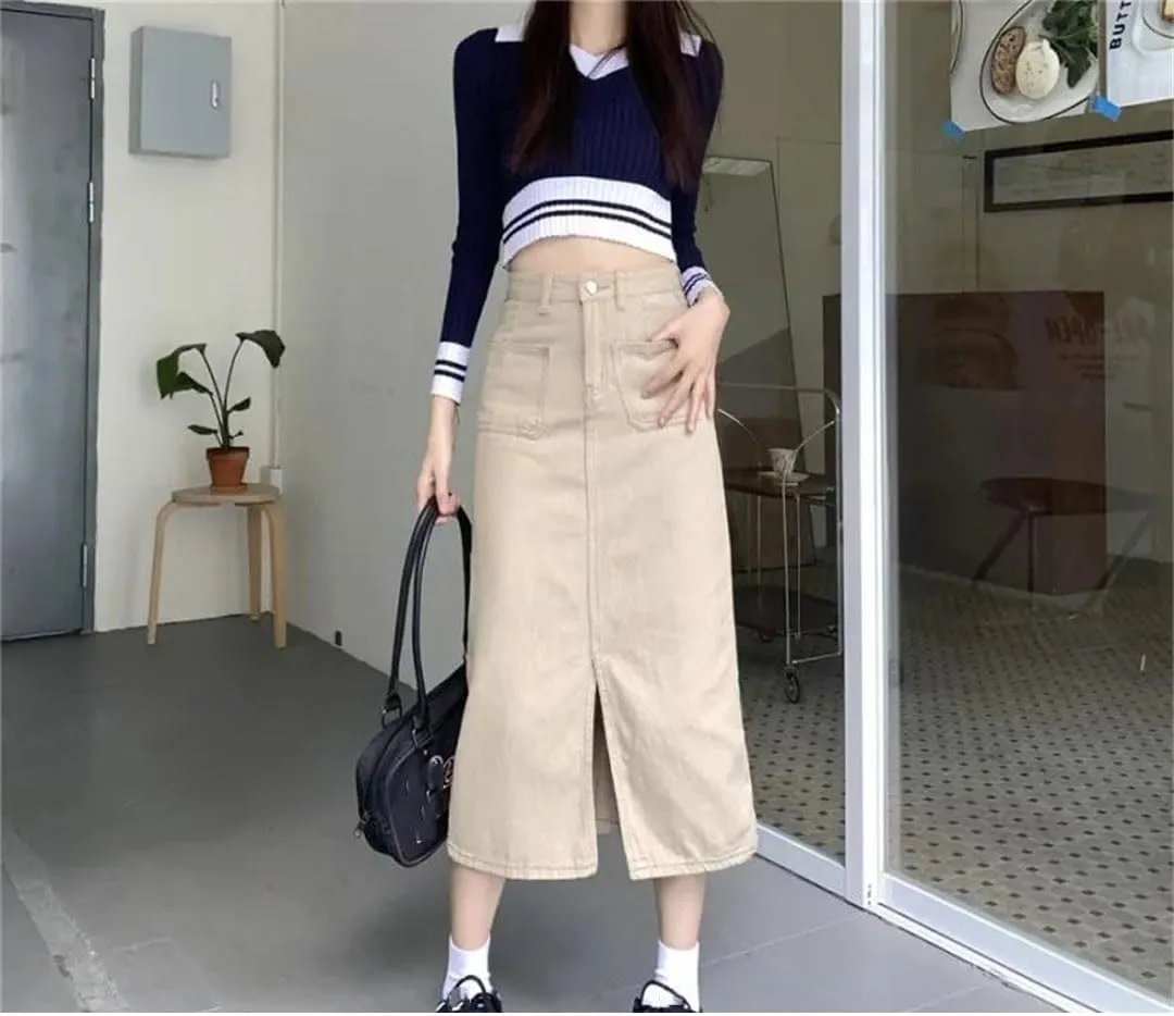 Women's Plus Size Denim Skirt High-Waisted Slimming Medium-Length Side Slit Vintage A- Line Skirt
