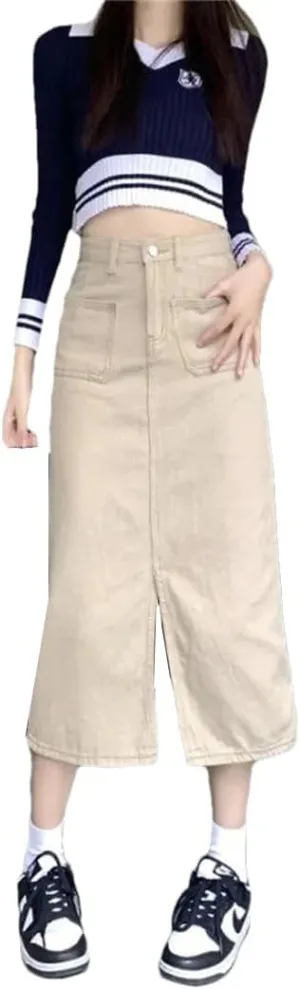Women's Plus Size Denim Skirt High-Waisted Slimming Medium-Length Side Slit Vintage A- Line Skirt