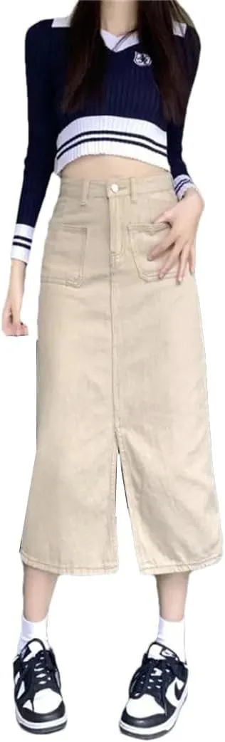Women's Plus Size Denim Skirt High-Waisted Slimming Medium-Length Side Slit Vintage A- Line Skirt
