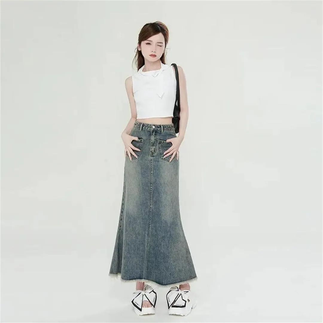 Women's Pocket Design High-Waisted Denim Loose-Fit Slimming Mid-Length Skirt