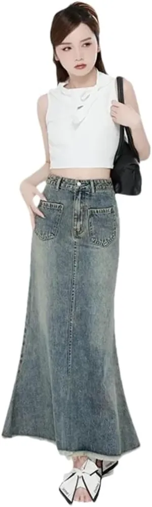 Women's Pocket Design High-Waisted Denim Loose-Fit Slimming Mid-Length Skirt