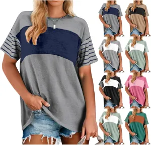 Womens Short Sleeve Tops, Color Block Striped Shirts for Women, Crewneck Oversize Blouses, Casual Summer Tops Women