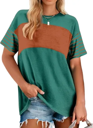Womens Short Sleeve Tops, Color Block Striped Shirts for Women, Crewneck Oversize Blouses, Casual Summer Tops Women