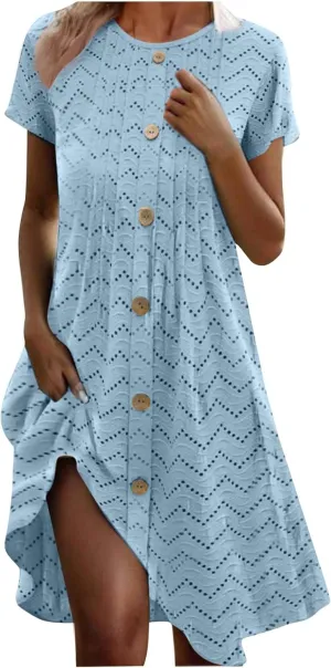 Womens Short Summer Dresses Casual Baggy Round Neck a Line Dresses Button Down Sundresses Beach Wear 2025 Vacation