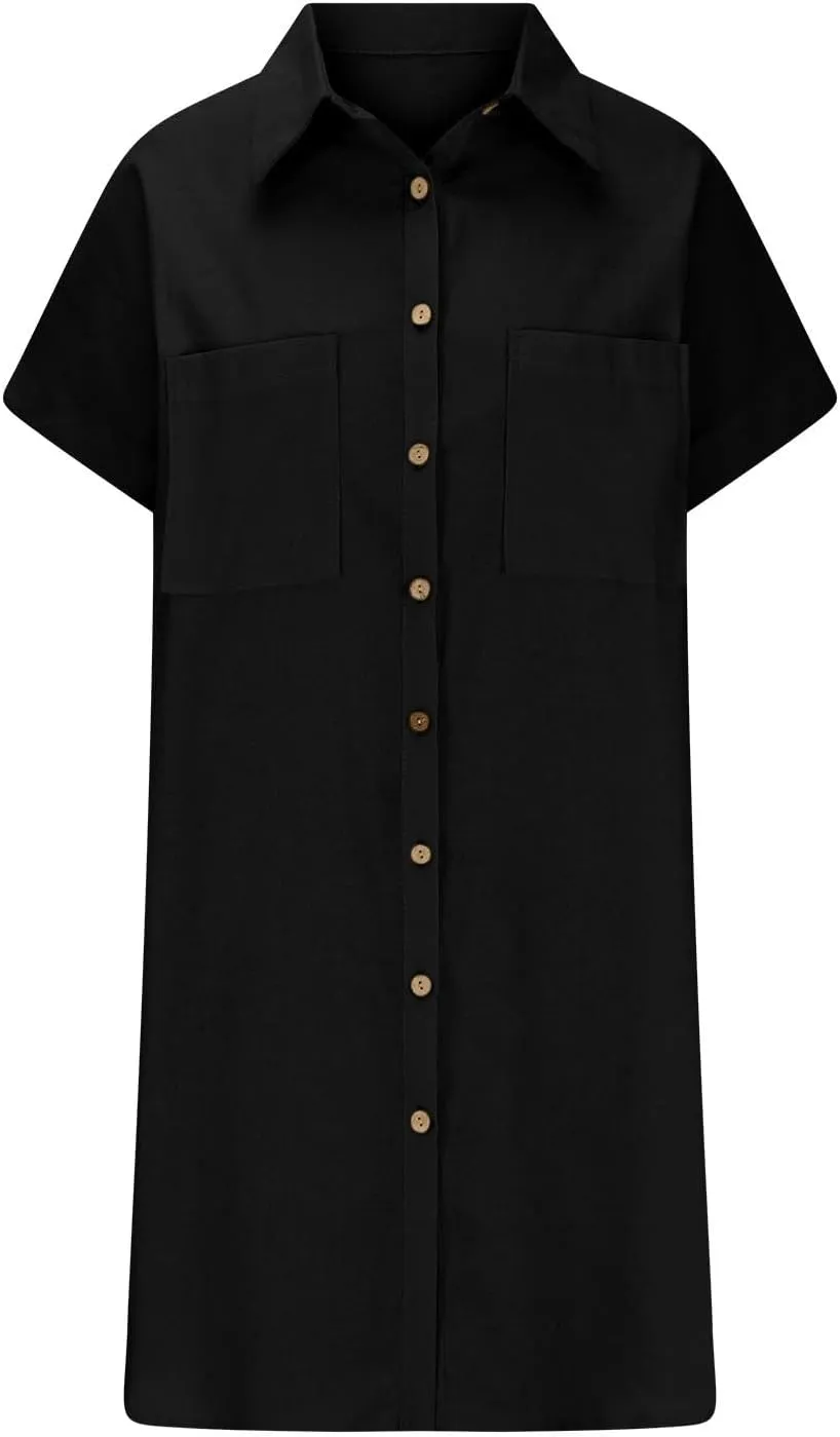Women's Solid Color Loose Shirt Dresses Stand Up Collar Casual T Shirts Dress Pocket Button Short Sleeved Dresses