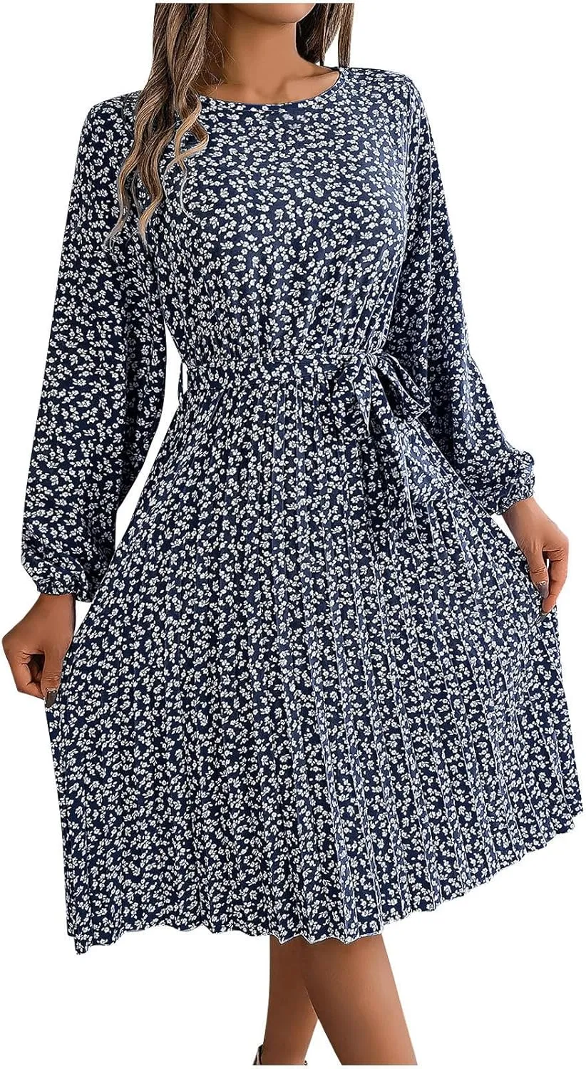 Women's Spring Floral Midi Dresses Long Sleeve Casual Tie Waist Boho Flowy Dresses Crew Neck Pleated Beach Dresses