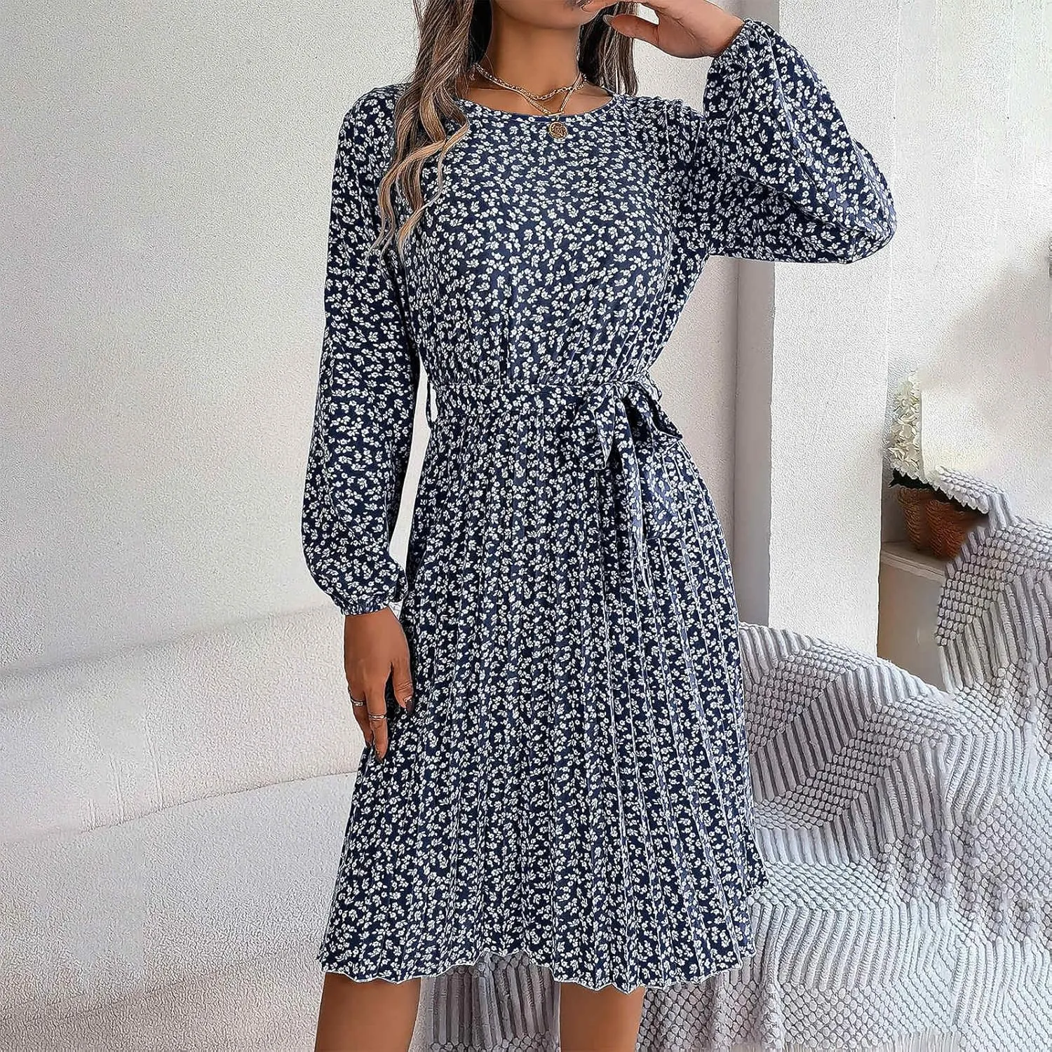 Women's Spring Floral Midi Dresses Long Sleeve Casual Tie Waist Boho Flowy Dresses Crew Neck Pleated Beach Dresses