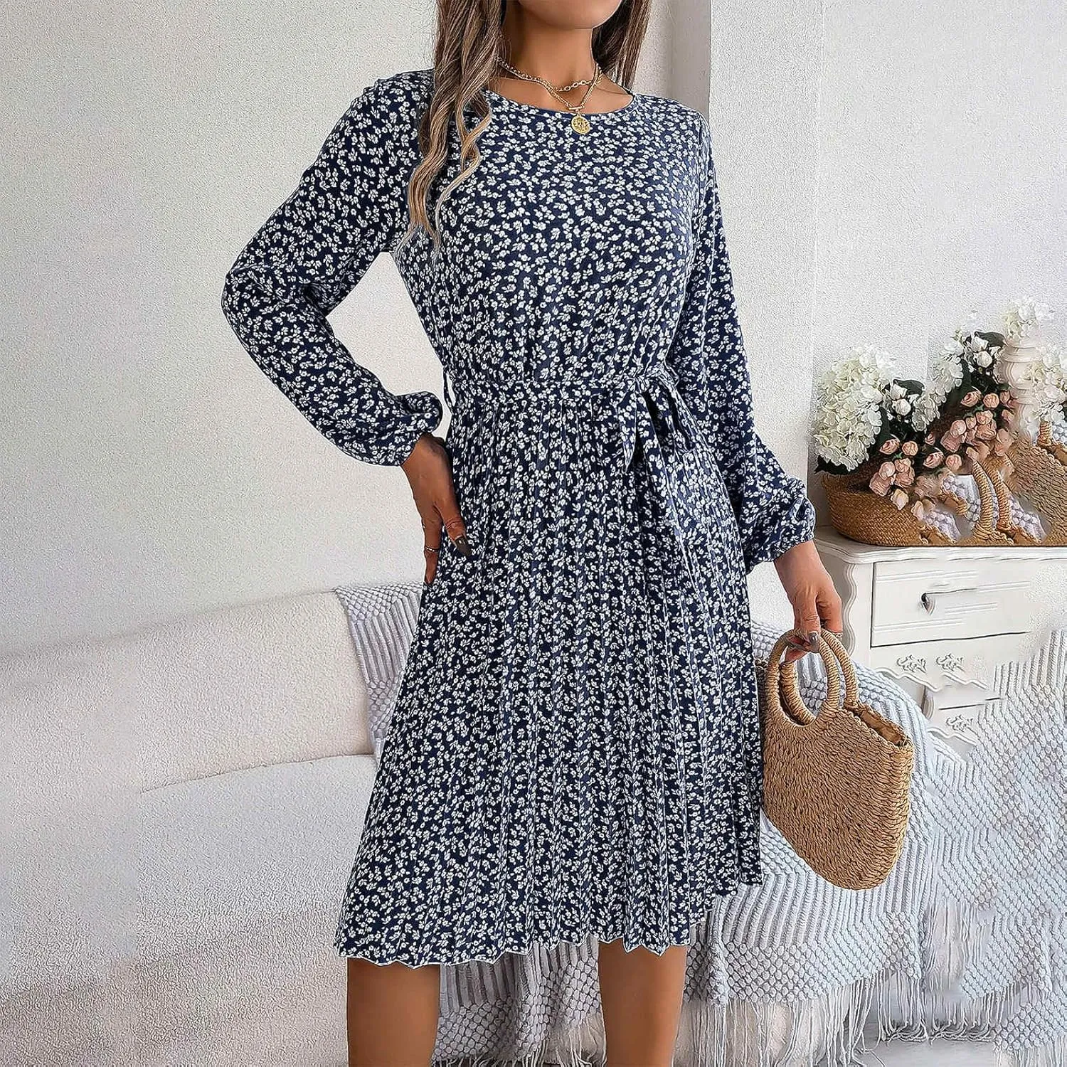 Women's Spring Floral Midi Dresses Long Sleeve Casual Tie Waist Boho Flowy Dresses Crew Neck Pleated Beach Dresses