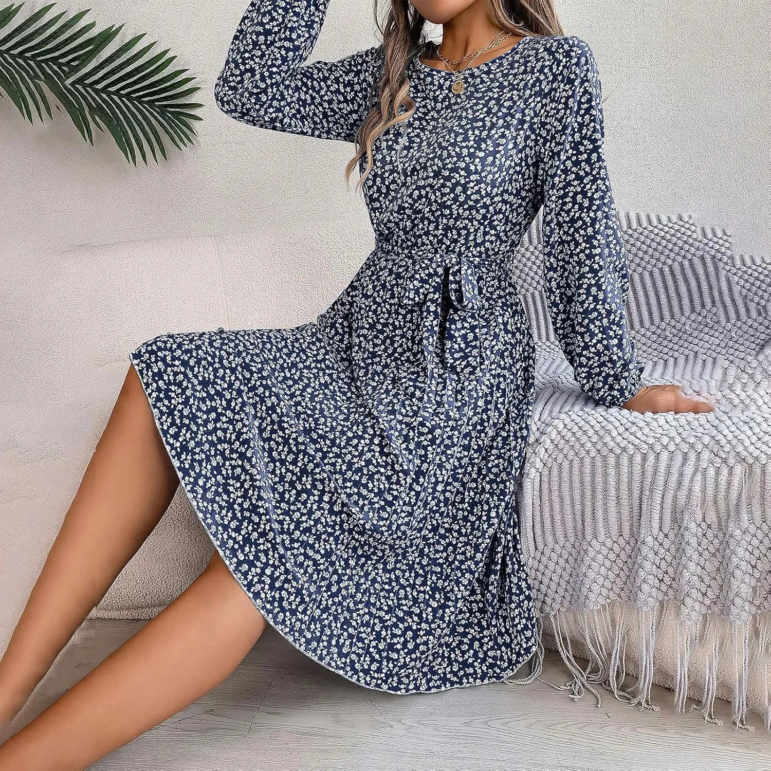 Women's Spring Floral Midi Dresses Long Sleeve Casual Tie Waist Boho Flowy Dresses Crew Neck Pleated Beach Dresses