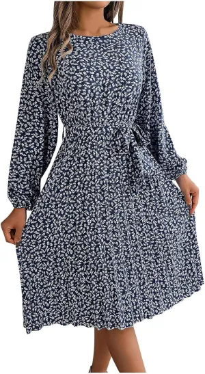 Women's Spring Floral Midi Dresses Long Sleeve Casual Tie Waist Boho Flowy Dresses Crew Neck Pleated Beach Dresses
