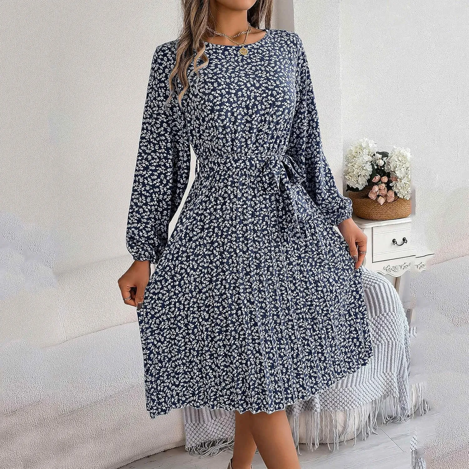 Women's Spring Floral Midi Dresses Long Sleeve Casual Tie Waist Boho Flowy Dresses Crew Neck Pleated Beach Dresses