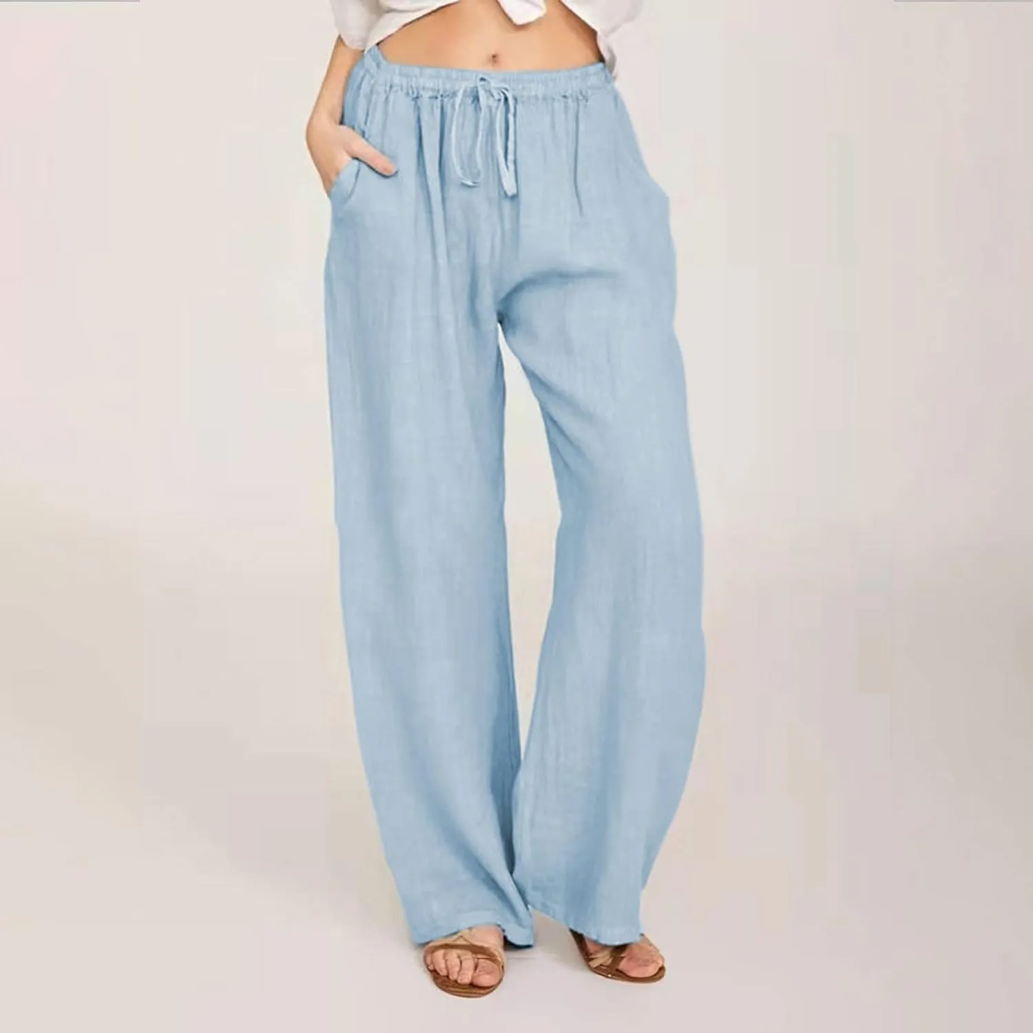 Women's Summer Drawstring Waist Pants Cotton Linen Loose Fit Palazzo Pants 2025 Boho Wide Leg Trousers with Pockets