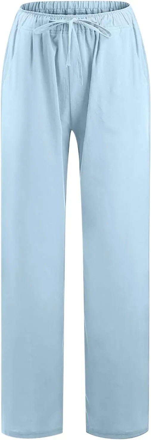 Women's Summer Drawstring Waist Pants Cotton Linen Loose Fit Palazzo Pants 2025 Boho Wide Leg Trousers with Pockets