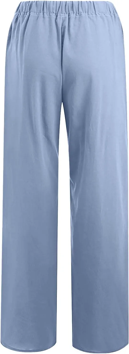 Women's Summer Drawstring Waist Pants Cotton Linen Loose Fit Palazzo Pants 2025 Boho Wide Leg Trousers with Pockets