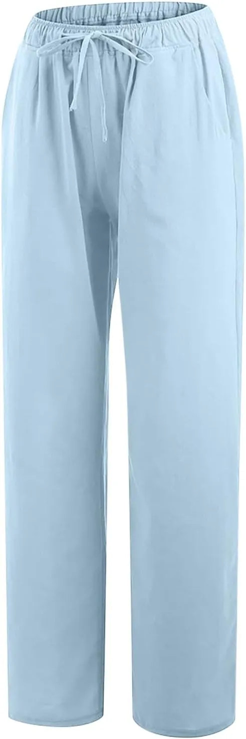 Women's Summer Drawstring Waist Pants Cotton Linen Loose Fit Palazzo Pants 2025 Boho Wide Leg Trousers with Pockets