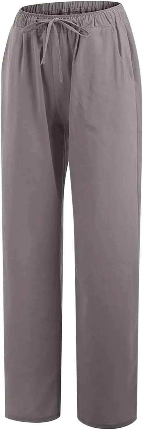 Women's Summer Drawstring Waist Pants Cotton Linen Loose Fit Palazzo Pants 2025 Boho Wide Leg Trousers with Pockets