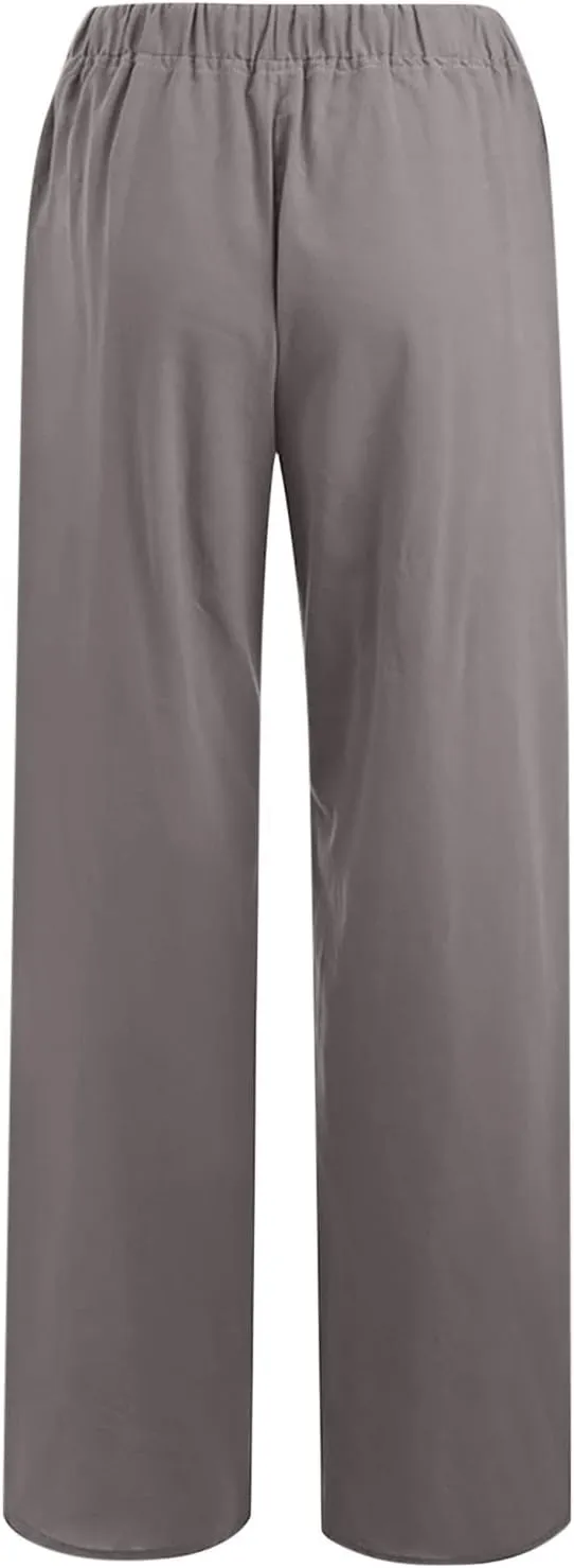 Women's Summer Drawstring Waist Pants Cotton Linen Loose Fit Palazzo Pants 2025 Boho Wide Leg Trousers with Pockets