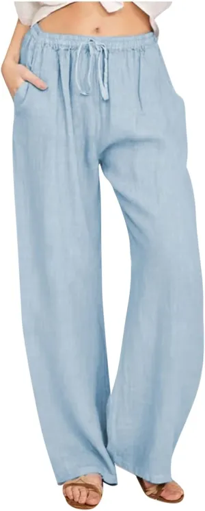Women's Summer Drawstring Waist Pants Cotton Linen Loose Fit Palazzo Pants 2025 Boho Wide Leg Trousers with Pockets