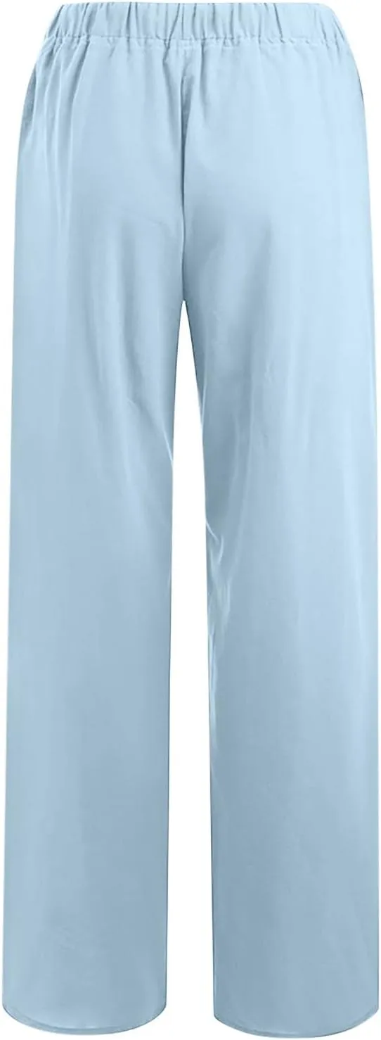 Women's Summer Drawstring Waist Pants Cotton Linen Loose Fit Palazzo Pants 2025 Boho Wide Leg Trousers with Pockets