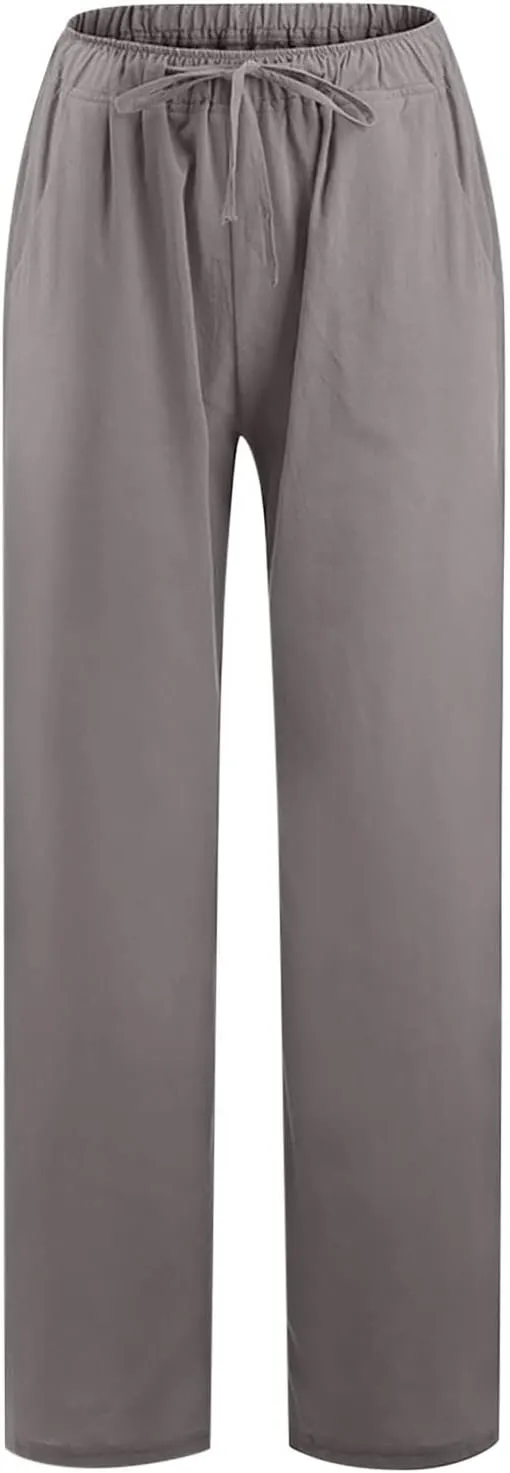 Women's Summer Drawstring Waist Pants Cotton Linen Loose Fit Palazzo Pants 2025 Boho Wide Leg Trousers with Pockets