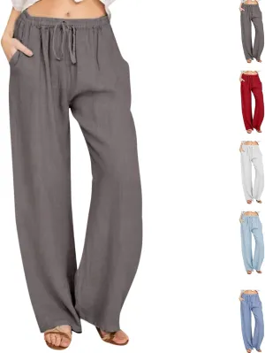 Women's Summer Drawstring Waist Pants Cotton Linen Loose Fit Palazzo Pants 2025 Boho Wide Leg Trousers with Pockets