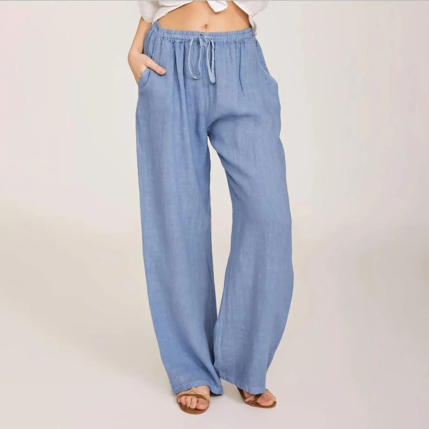 Women's Summer Drawstring Waist Pants Cotton Linen Loose Fit Palazzo Pants 2025 Boho Wide Leg Trousers with Pockets