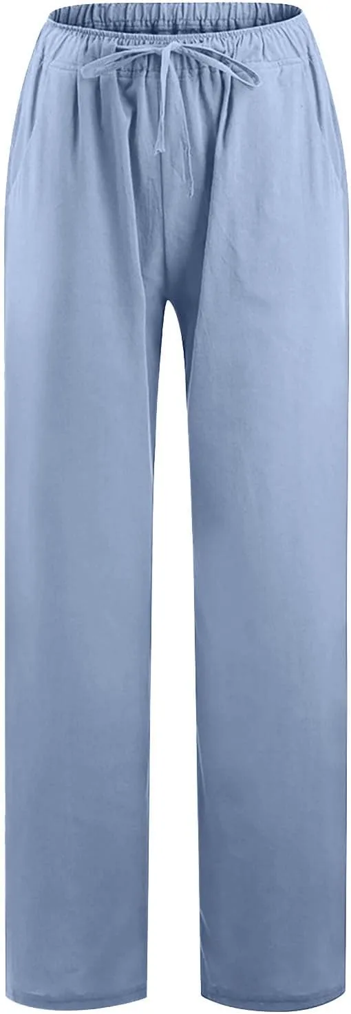 Women's Summer Drawstring Waist Pants Cotton Linen Loose Fit Palazzo Pants 2025 Boho Wide Leg Trousers with Pockets