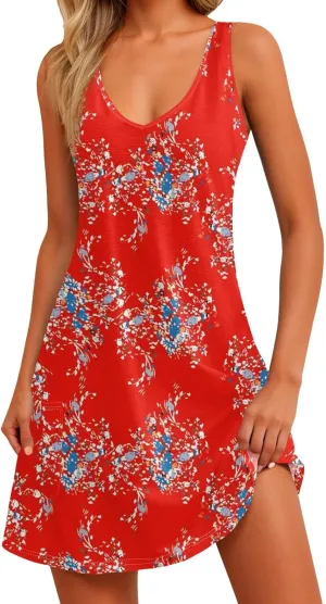 Womens Summer Dresses 2024 T-Shirts Dress Loose V Neck Sleeveless Tank Dresses Sundresses Floral/Plain
