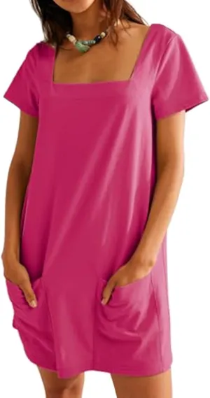 Womens Summer Dresses Trendy Square Neck Short Sleeve Mini Dresses Casual T Shirts Dress Loose Fit Sundress with Pockets