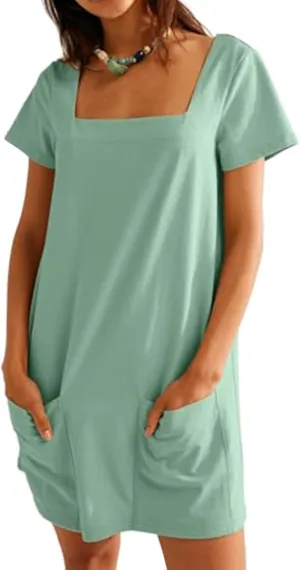 Womens Summer Dresses Trendy Square Neck Short Sleeve Mini Dresses Casual T Shirts Dress Loose Fit Sundress with Pockets