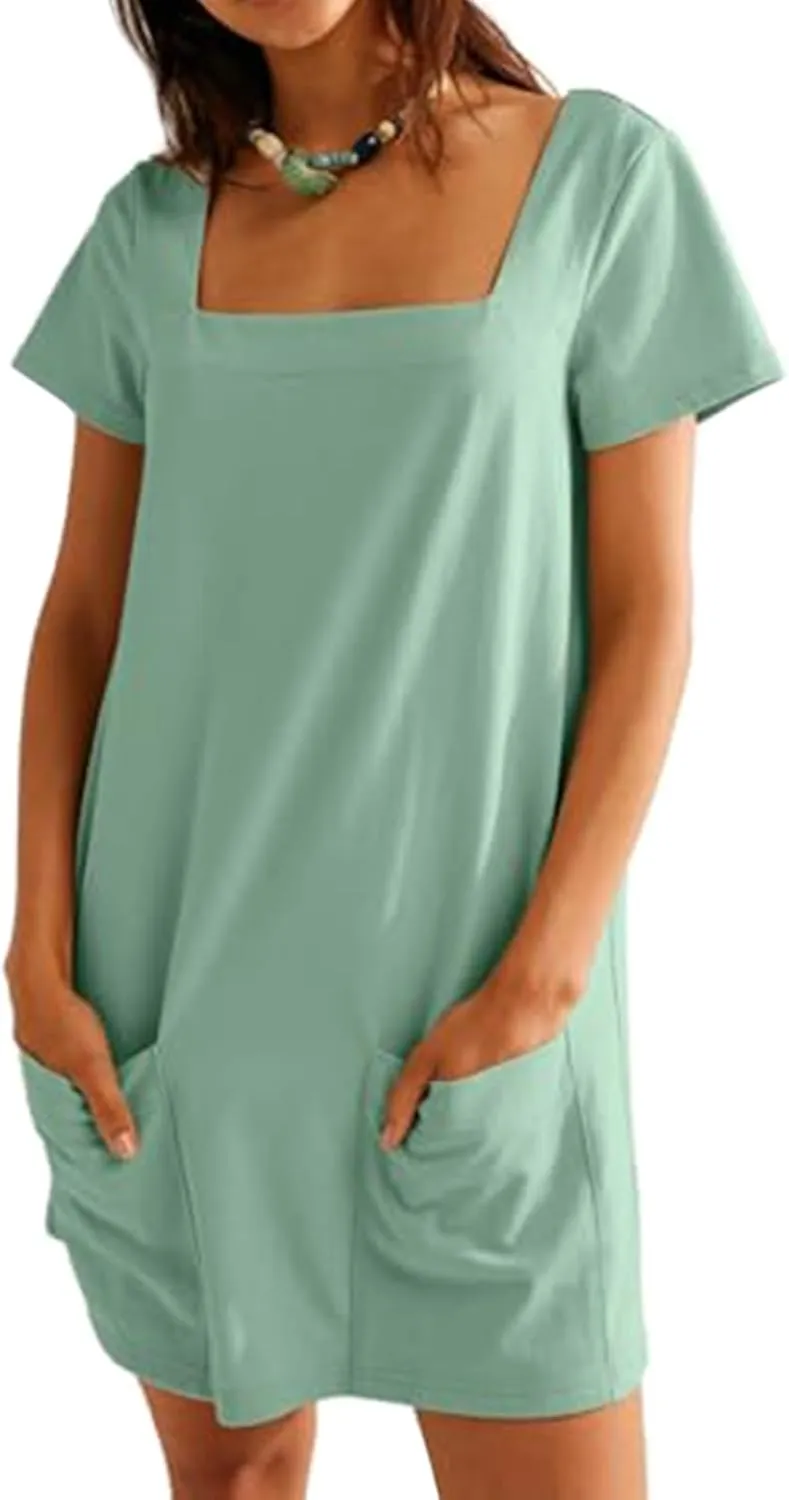 Womens Summer Dresses Trendy Square Neck Short Sleeve Mini Dresses Casual T Shirts Dress Loose Fit Sundress with Pockets