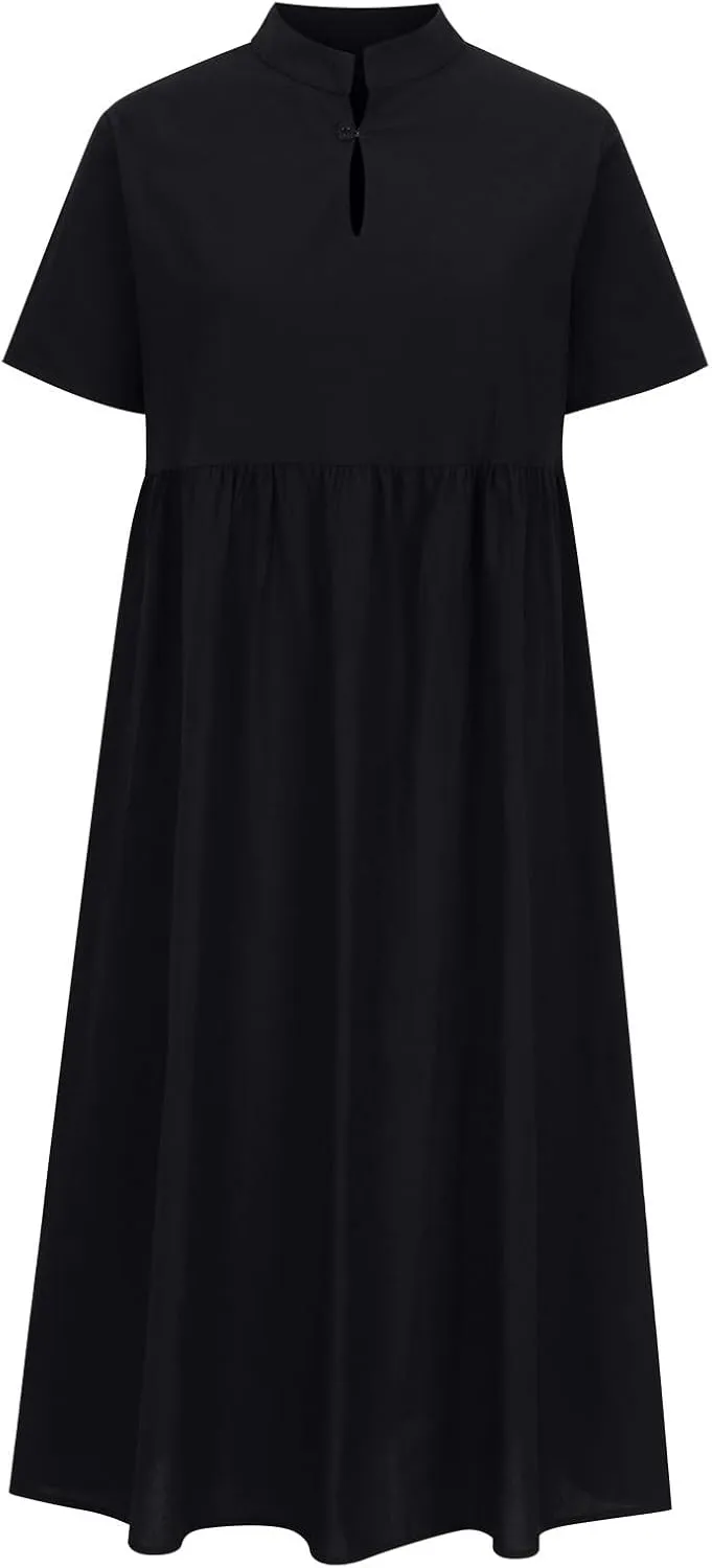 Womens Summer Long Dresses Cute Pleated Short Sleeve V Neck T-Shirts Dress Baggy Loose Casual Beach Dresses Plus Size