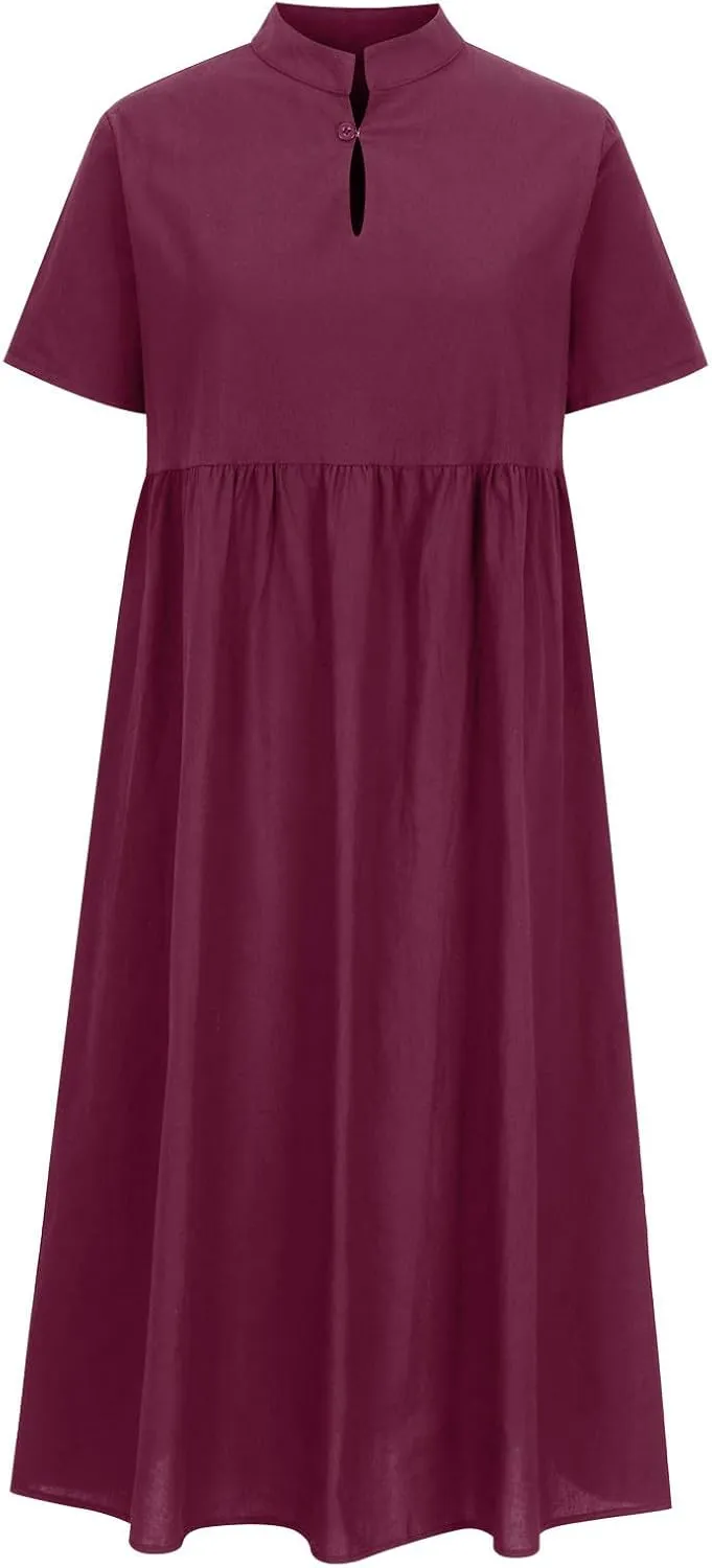 Womens Summer Long Dresses Cute Pleated Short Sleeve V Neck T-Shirts Dress Baggy Loose Casual Beach Dresses Plus Size