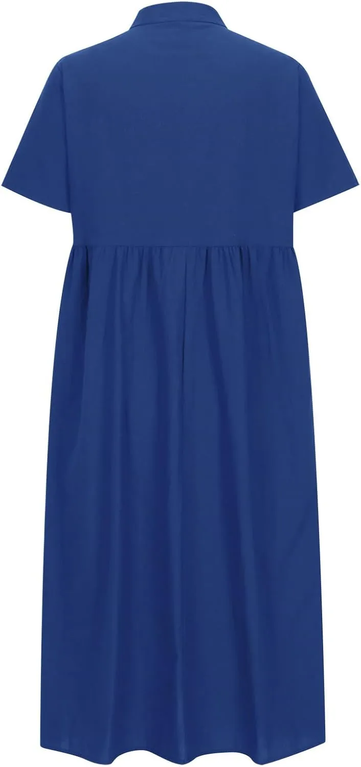Womens Summer Long Dresses Cute Pleated Short Sleeve V Neck T-Shirts Dress Baggy Loose Casual Beach Dresses Plus Size