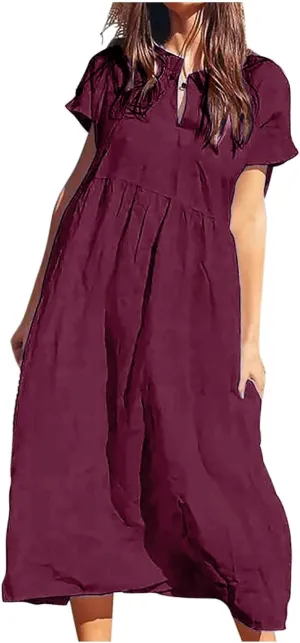 Womens Summer Long Dresses Cute Pleated Short Sleeve V Neck T-Shirts Dress Baggy Loose Casual Beach Dresses Plus Size